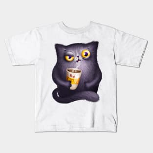 Angry cat with coffe cup Kids T-Shirt